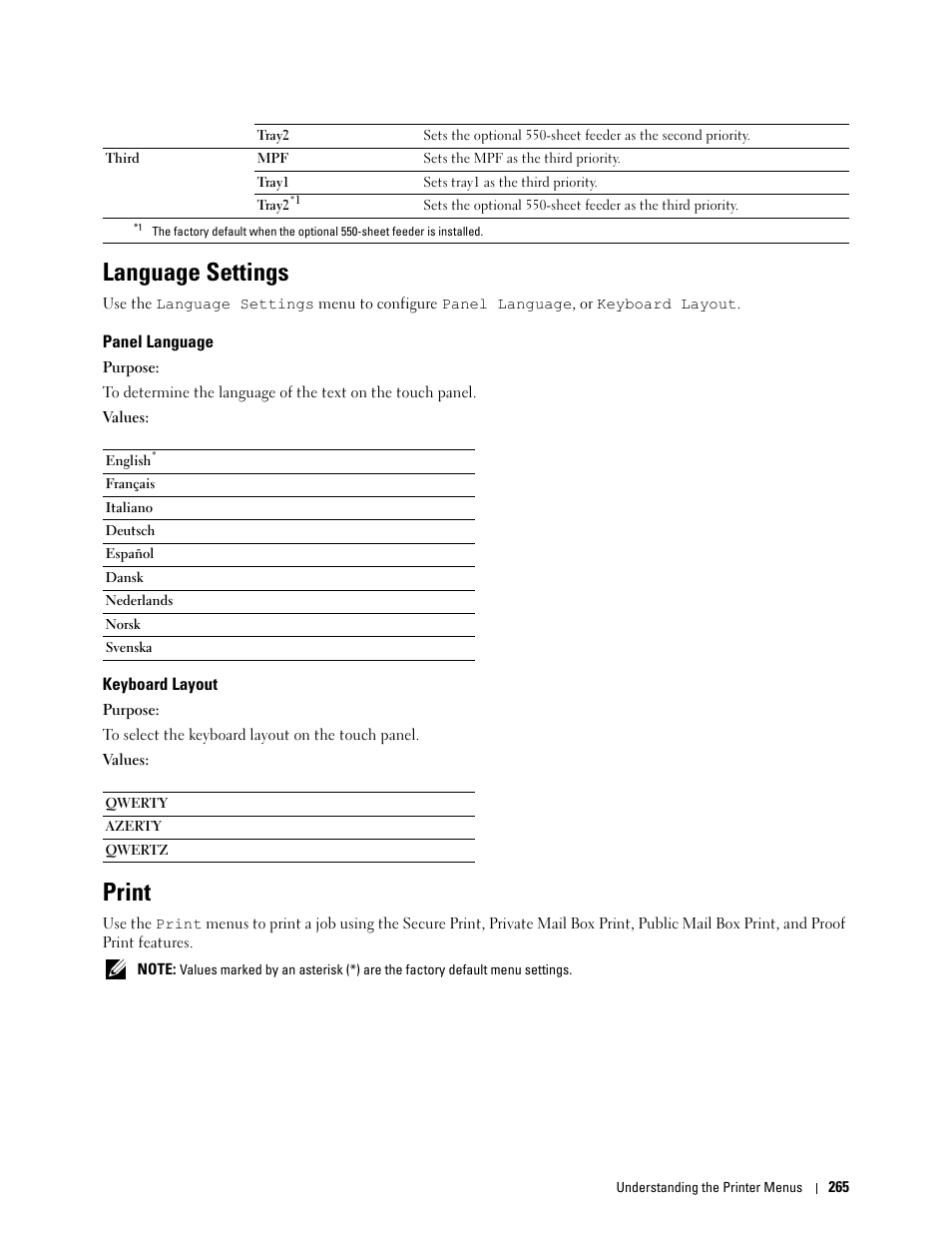 Language settings, Panel language, Keyboard layout | Print | Dell C2665dnf Color Laser Printer User Manual | Page 267 / 578