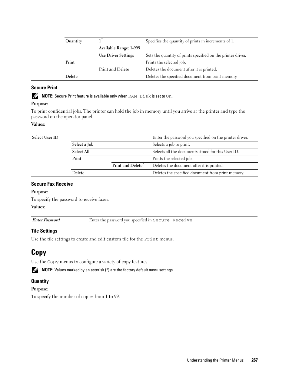 Secure print, Secure fax receive, Tile settings | Copy, Quantity | Dell C2665dnf Color Laser Printer User Manual | Page 269 / 578