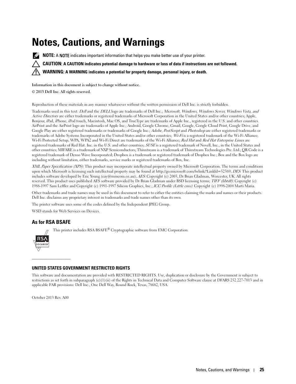 Notes, cautions, and warnings, As for rsa bsafe | Dell C2665dnf Color Laser Printer User Manual | Page 27 / 578