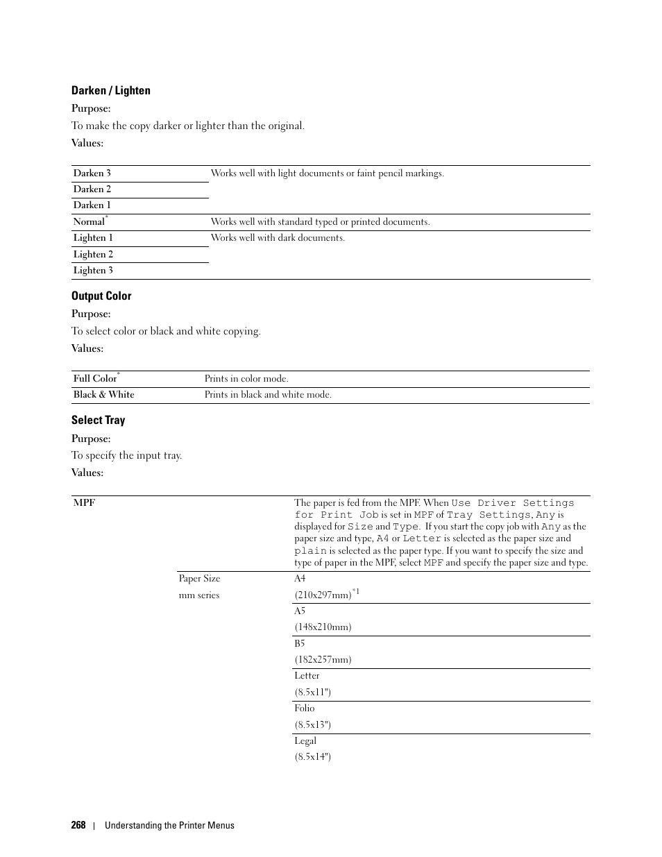 Darken / lighten, Output color, Select tray | Dell C2665dnf Color Laser Printer User Manual | Page 270 / 578