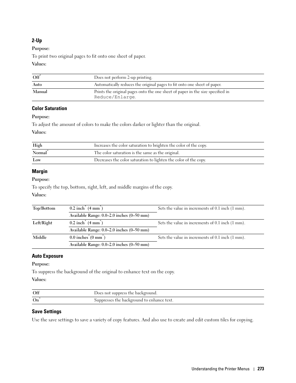 Color saturation, Margin, Auto exposure | Save settings | Dell C2665dnf Color Laser Printer User Manual | Page 275 / 578