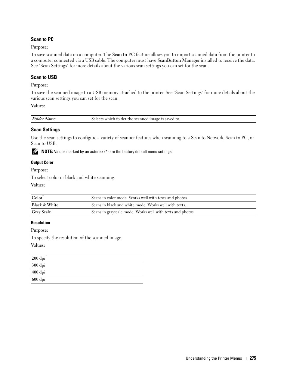 Scan to pc, Scan to usb, Scan settings | Dell C2665dnf Color Laser Printer User Manual | Page 277 / 578