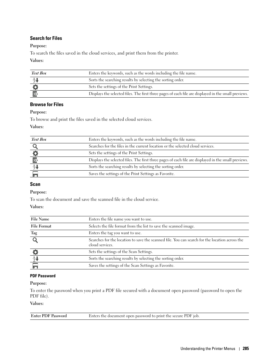 Search for files, Browse for files, Scan | Dell C2665dnf Color Laser Printer User Manual | Page 287 / 578