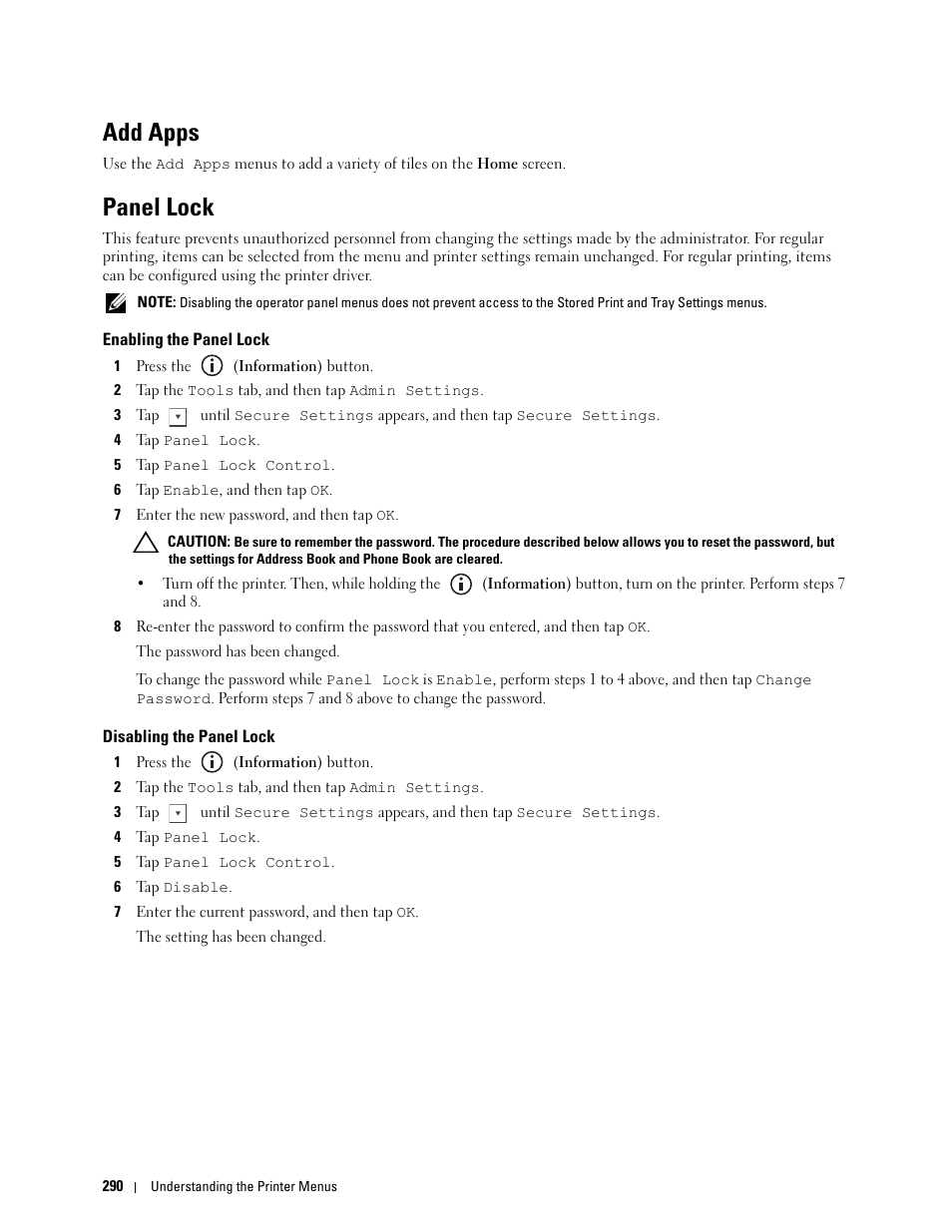 Add apps, Panel lock, Enabling the panel lock | Disabling the panel lock | Dell C2665dnf Color Laser Printer User Manual | Page 292 / 578