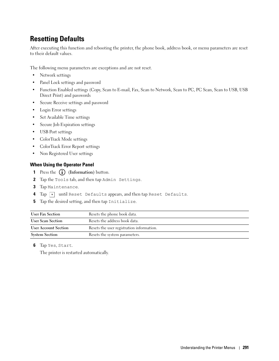 Resetting defaults, When using the operator panel | Dell C2665dnf Color Laser Printer User Manual | Page 293 / 578