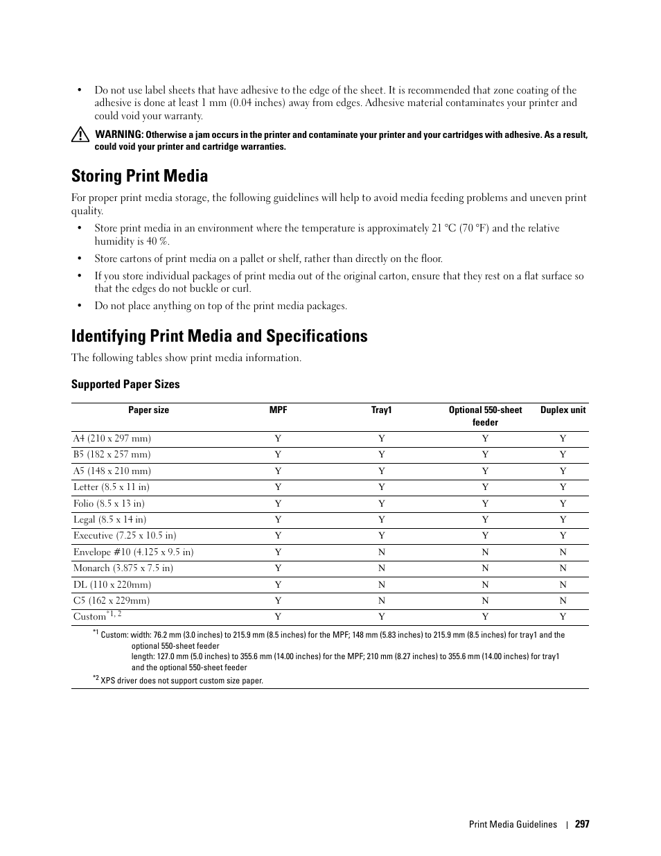 Storing print media, Identifying print media and specifications, Supported paper sizes | Dell C2665dnf Color Laser Printer User Manual | Page 299 / 578