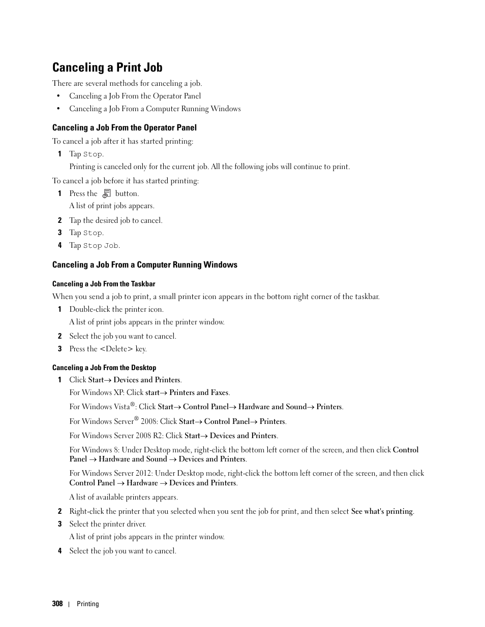 Canceling a print job, Canceling a job from the operator panel, Canceling a job from a computer running windows | Dell C2665dnf Color Laser Printer User Manual | Page 310 / 578