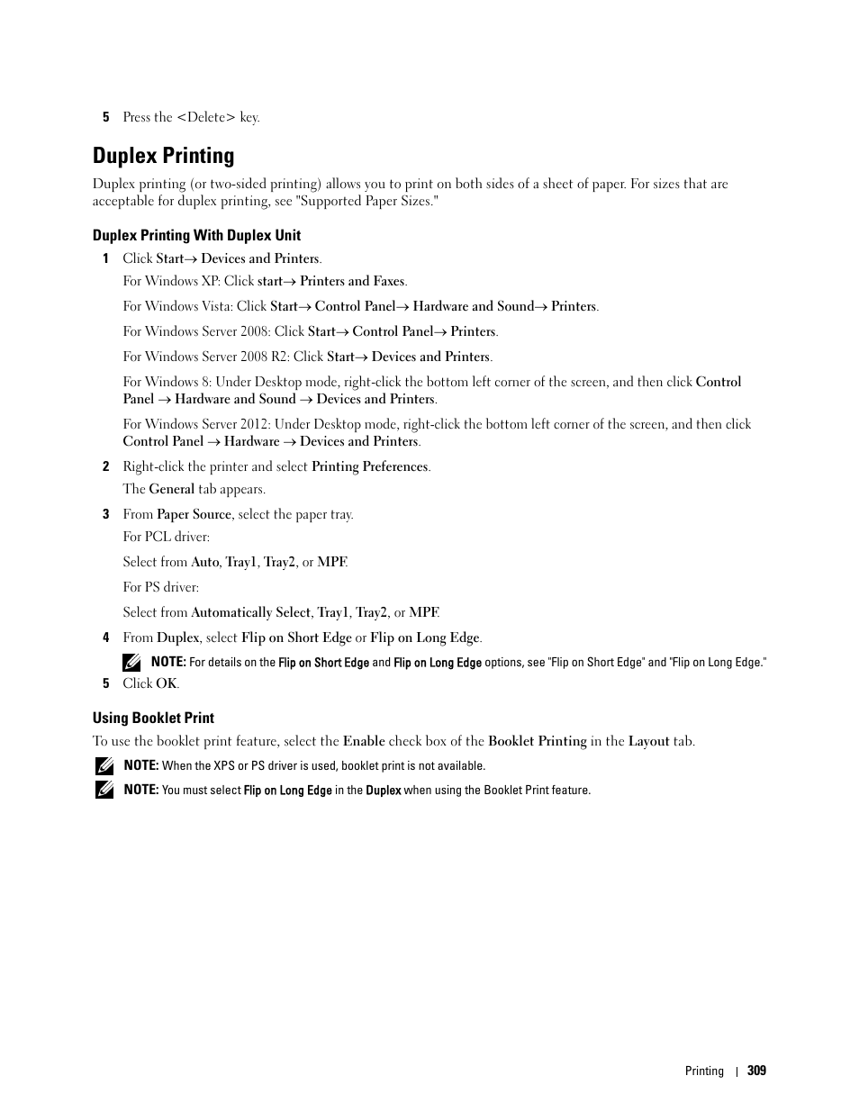 Duplex printing, Duplex printing with duplex unit, Using booklet print | Dell C2665dnf Color Laser Printer User Manual | Page 311 / 578