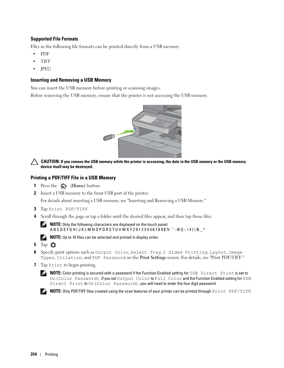 Supported file formats, Inserting and removing a usb memory, Printing a pdf/tiff file in a usb memory | Dell C2665dnf Color Laser Printer User Manual | Page 316 / 578