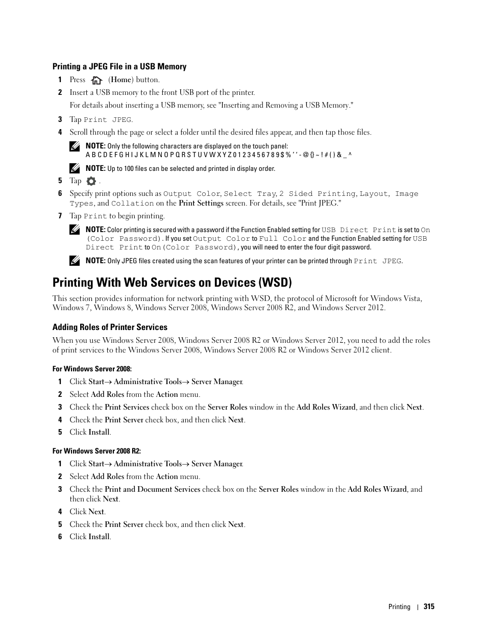 Printing a jpeg file in a usb memory, Printing with web services on devices (wsd), Adding roles of printer services | Dell C2665dnf Color Laser Printer User Manual | Page 317 / 578