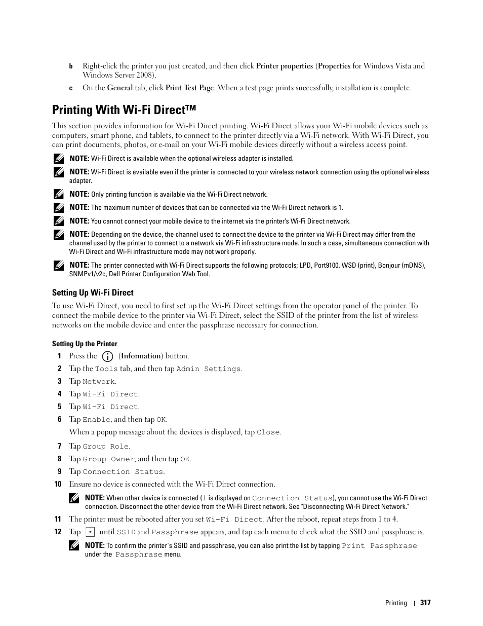 Printing with wi-fi direct, Setting up wi-fi direct | Dell C2665dnf Color Laser Printer User Manual | Page 319 / 578