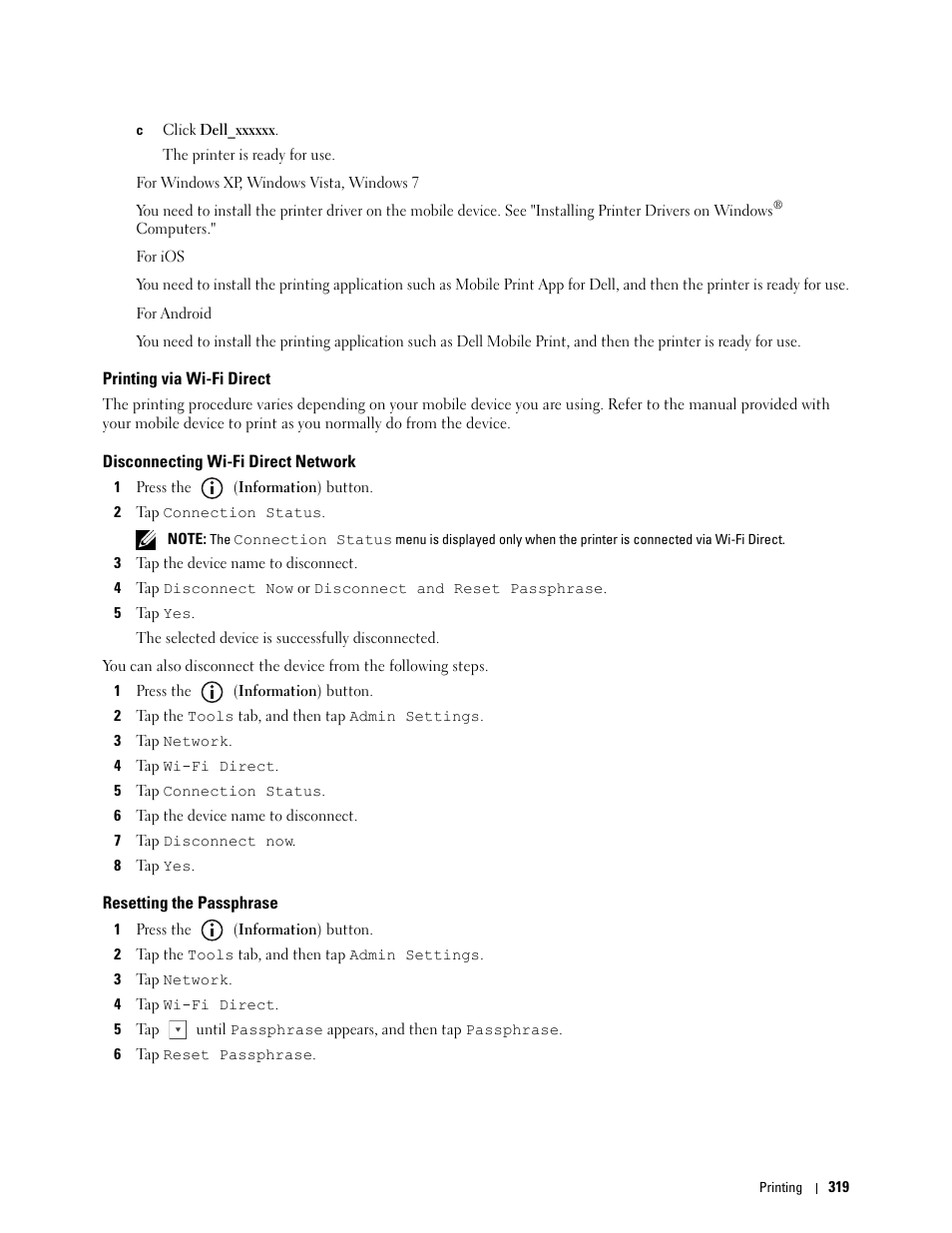 Printing via wi-fi direct, Disconnecting wi-fi direct network, Resetting the passphrase | Dell C2665dnf Color Laser Printer User Manual | Page 321 / 578