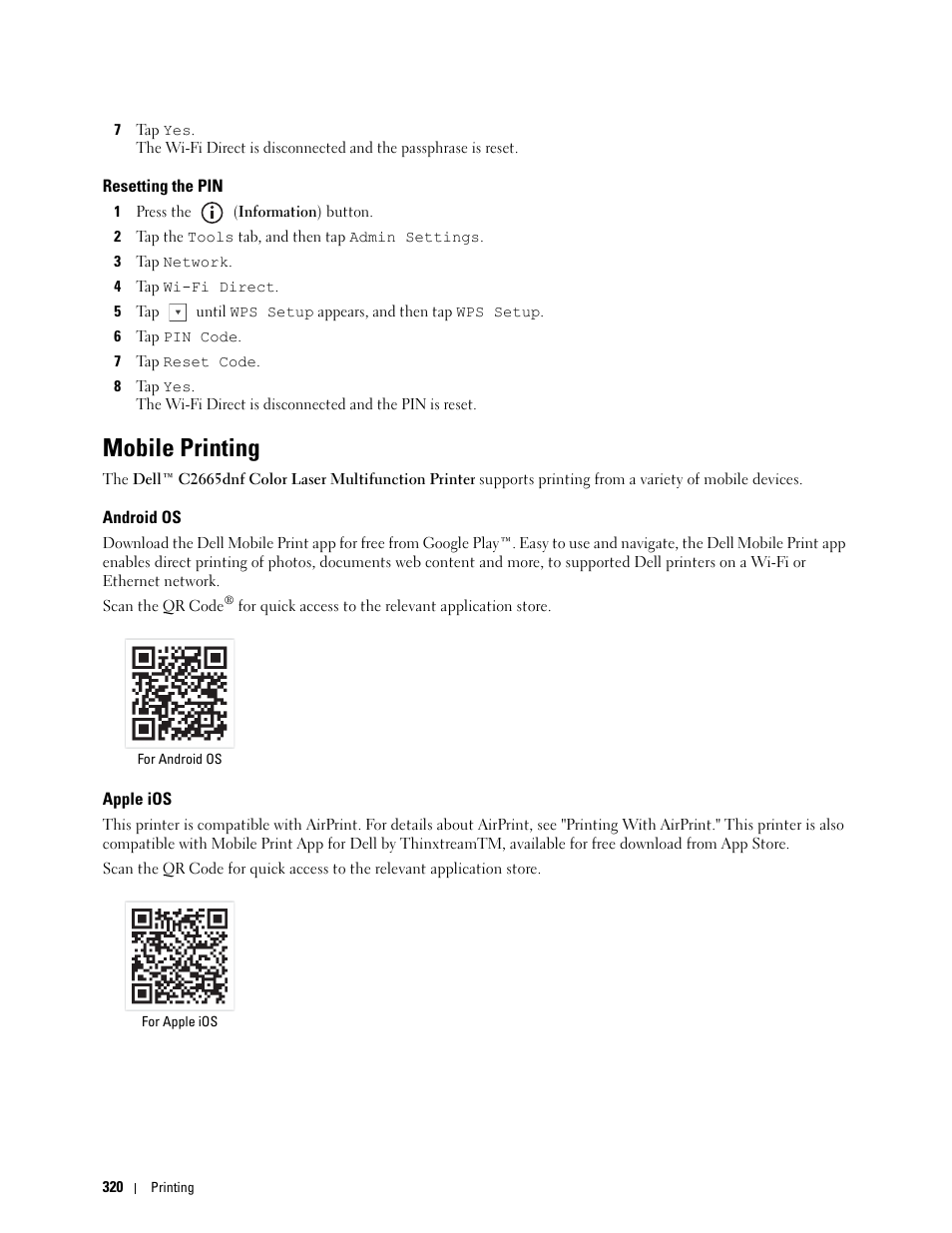 Resetting the pin, Mobile printing, Android os | Apple ios | Dell C2665dnf Color Laser Printer User Manual | Page 322 / 578