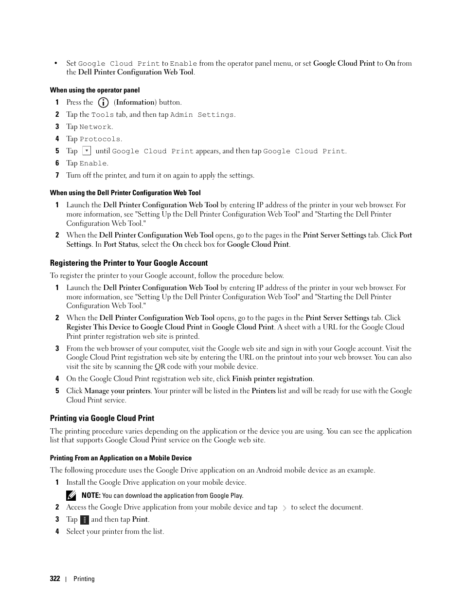 Registering the printer to your google account, Printing via google cloud print | Dell C2665dnf Color Laser Printer User Manual | Page 324 / 578