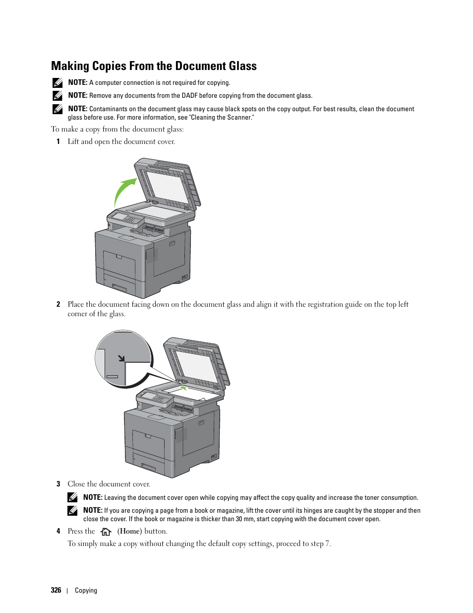 Making copies from the document glass | Dell C2665dnf Color Laser Printer User Manual | Page 328 / 578