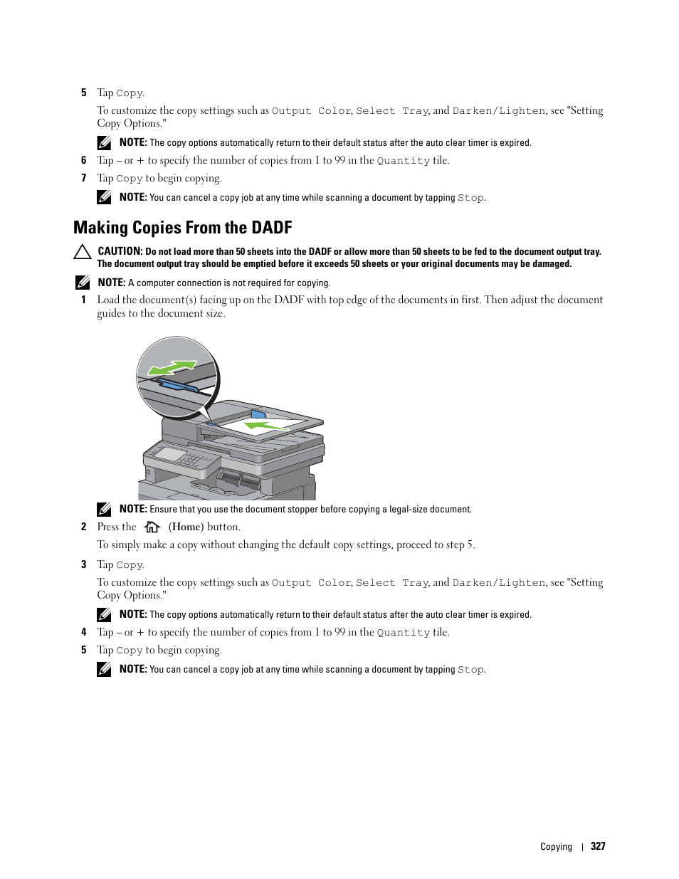 Making copies from the dadf | Dell C2665dnf Color Laser Printer User Manual | Page 329 / 578