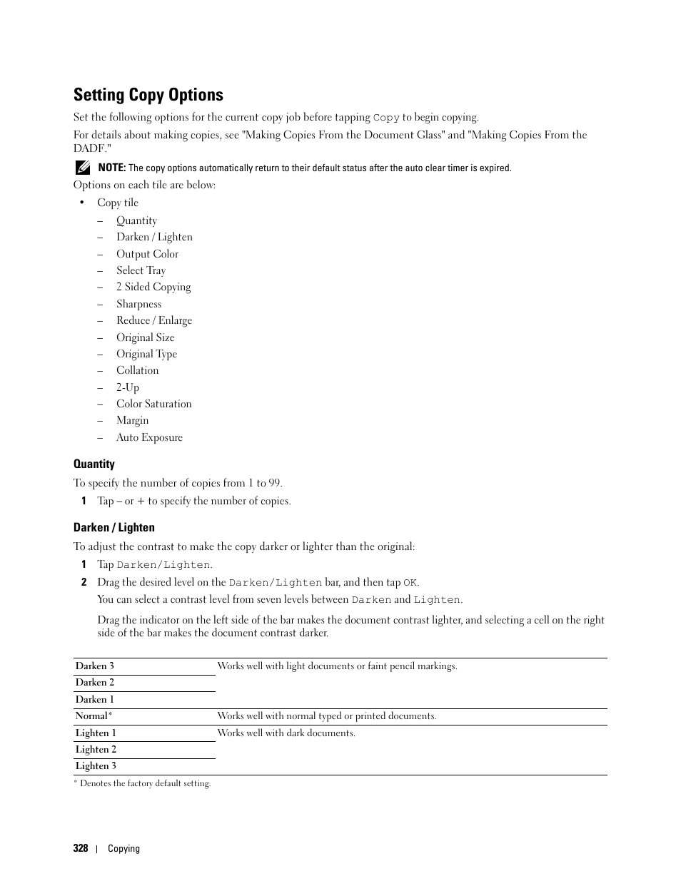 Setting copy options, Quantity, Darken / lighten | See "setting, Copy options | Dell C2665dnf Color Laser Printer User Manual | Page 330 / 578