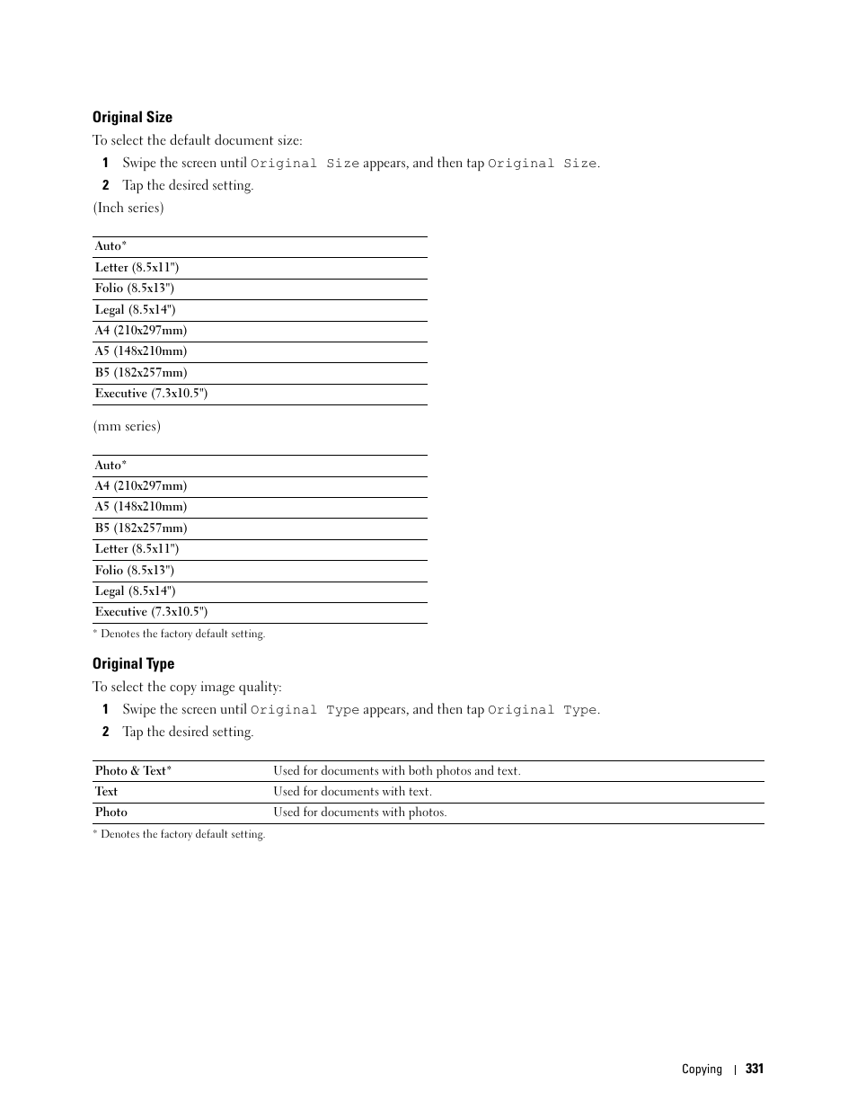 Original size, Original type | Dell C2665dnf Color Laser Printer User Manual | Page 333 / 578