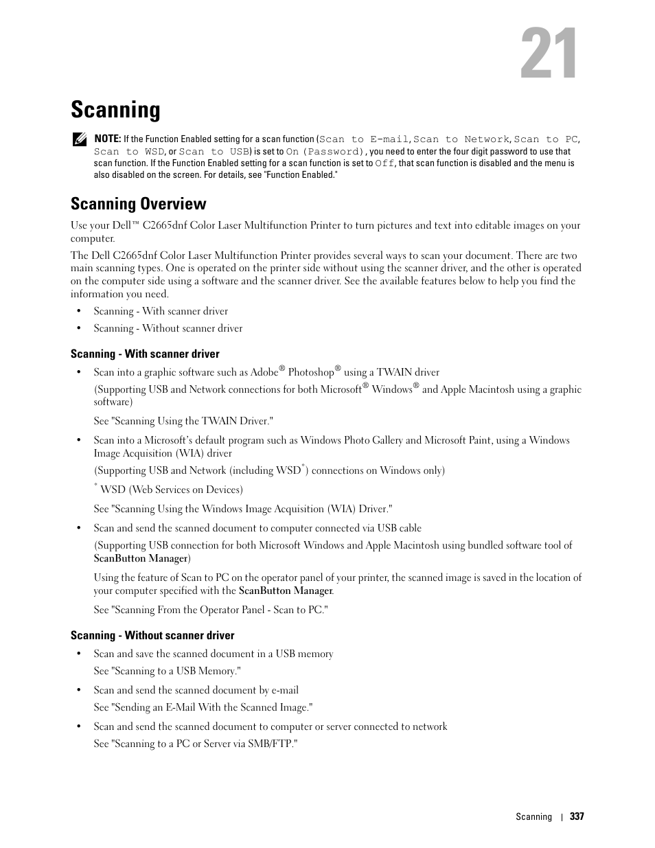 Scanning, Scanning overview, Scanning - with scanner driver | Scanning - without scanner driver, 21 scanning | Dell C2665dnf Color Laser Printer User Manual | Page 339 / 578