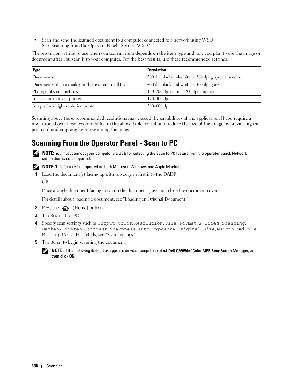 Scanning from the operator panel - scan to pc | Dell C2665dnf Color Laser Printer User Manual | Page 340 / 578