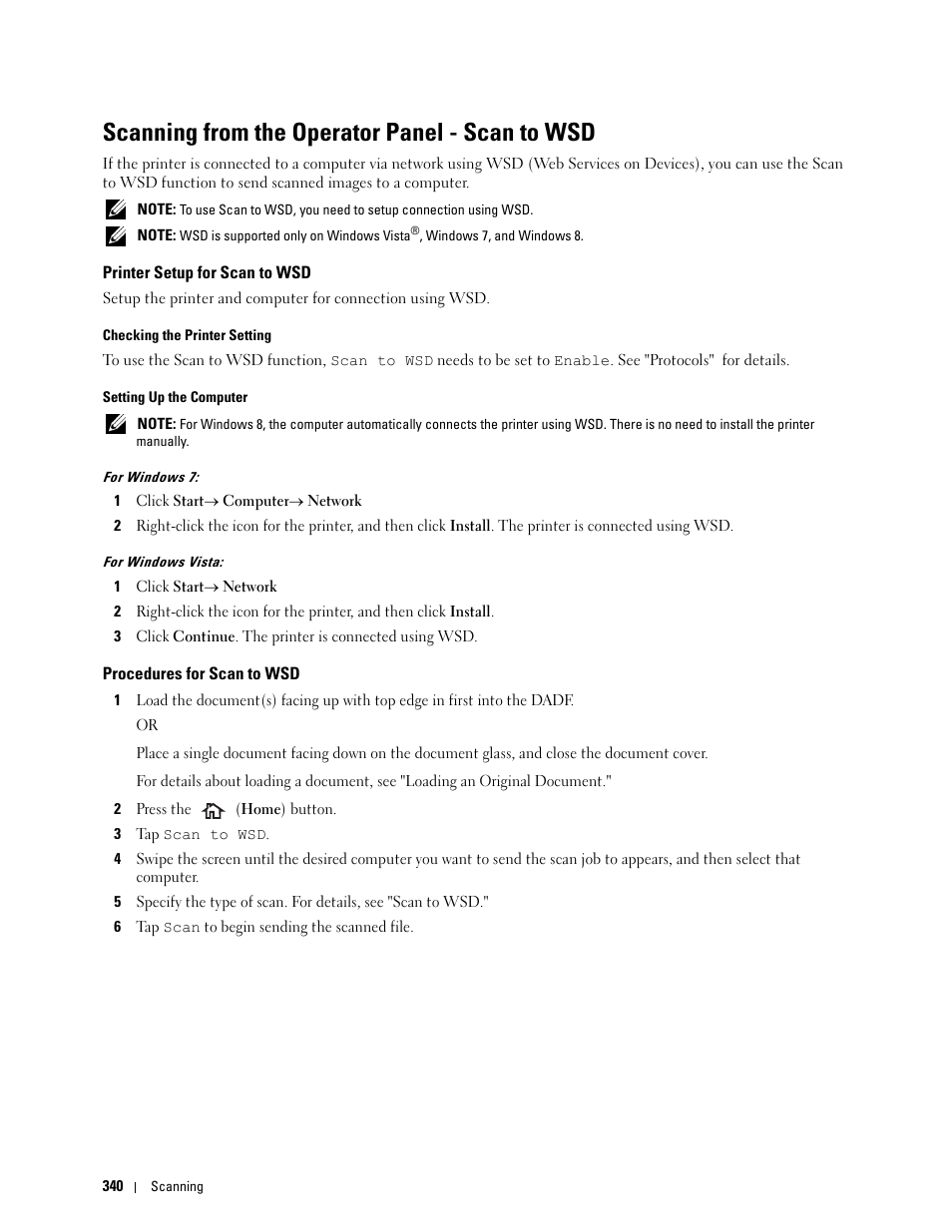 Scanning from the operator panel - scan to wsd, Printer setup for scan to wsd, Procedures for scan to wsd | Dell C2665dnf Color Laser Printer User Manual | Page 342 / 578