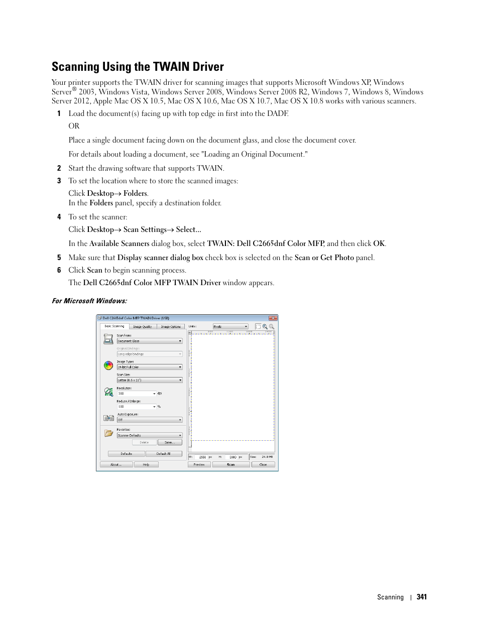 Scanning using the twain driver | Dell C2665dnf Color Laser Printer User Manual | Page 343 / 578