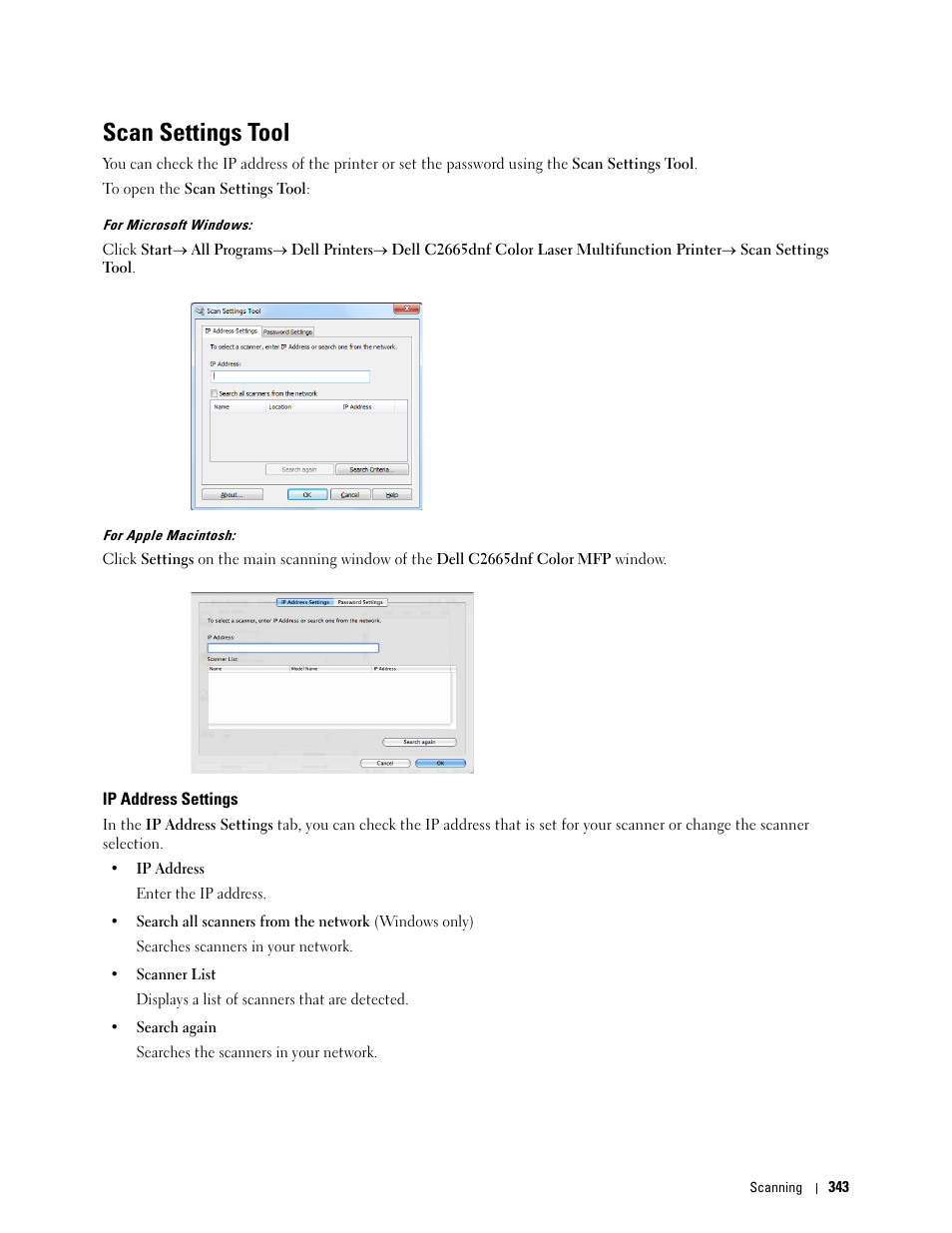 Scan settings tool, Ip address settings | Dell C2665dnf Color Laser Printer User Manual | Page 345 / 578