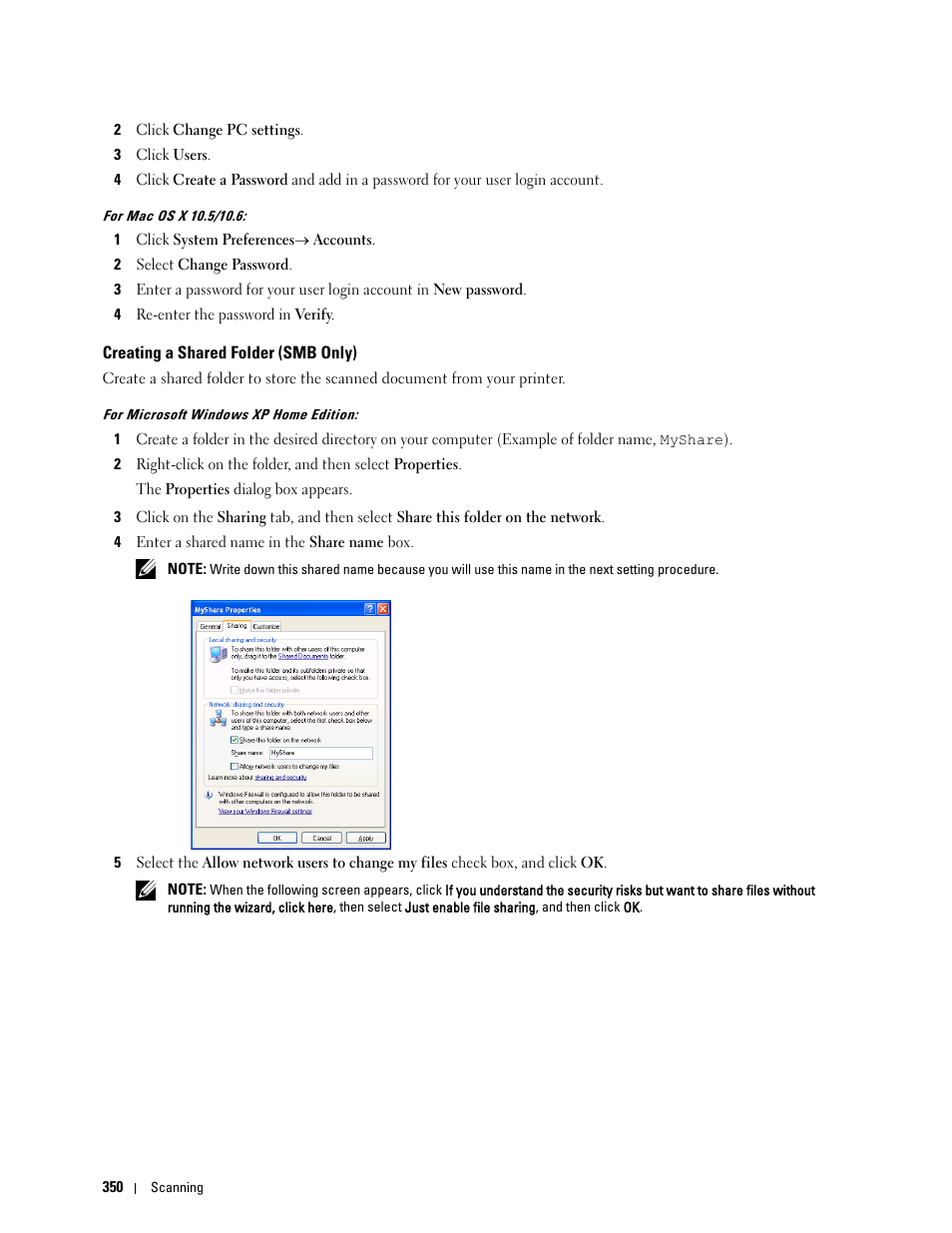 Creating a shared folder (smb only) | Dell C2665dnf Color Laser Printer User Manual | Page 352 / 578