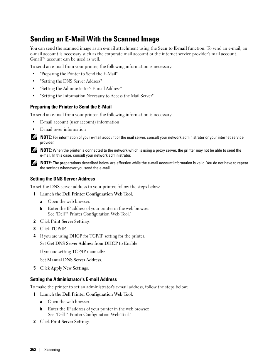 Sending an e-mail with the scanned image, Preparing the printer to send the e-mail, Setting the dns server address | Setting the administrator's e-mail address | Dell C2665dnf Color Laser Printer User Manual | Page 364 / 578