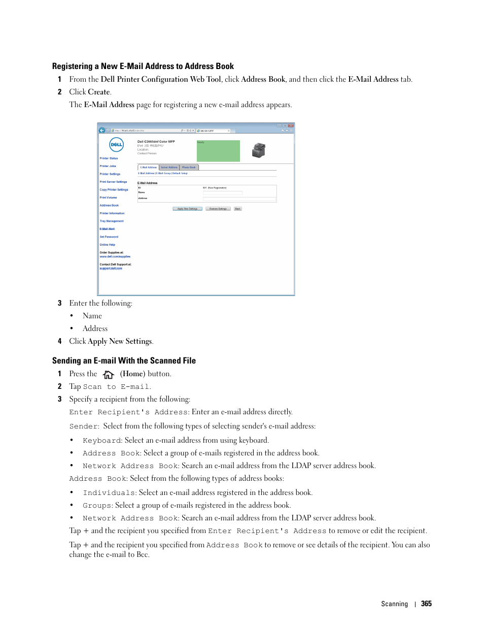 Registering a new e-mail address to address book, Sending an e-mail with the scanned file | Dell C2665dnf Color Laser Printer User Manual | Page 367 / 578