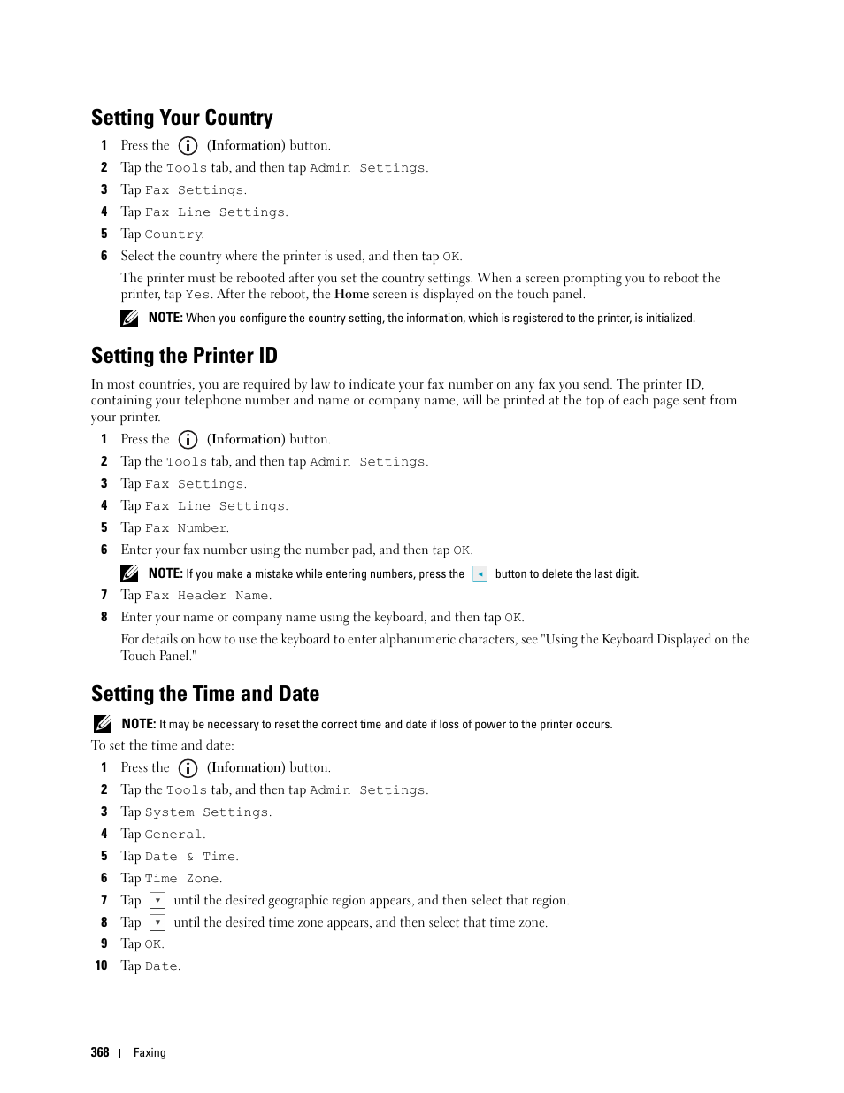 Setting your country, Setting the printer id, Setting the time and date | Dell C2665dnf Color Laser Printer User Manual | Page 370 / 578