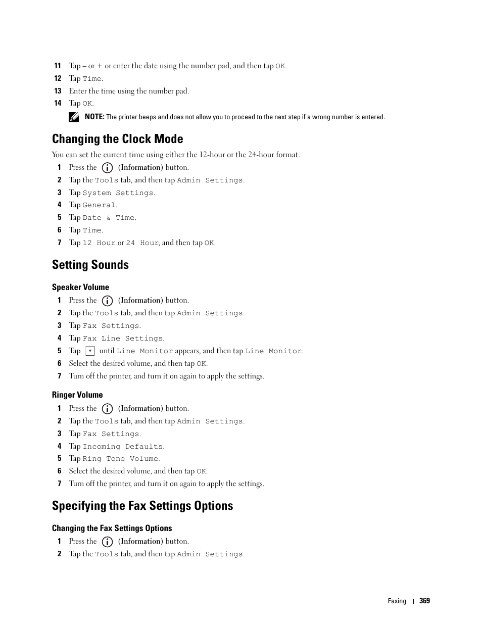 Changing the clock mode, Setting sounds, Speaker volume | Ringer volume, Specifying the fax settings options, Changing the fax settings options | Dell C2665dnf Color Laser Printer User Manual | Page 371 / 578