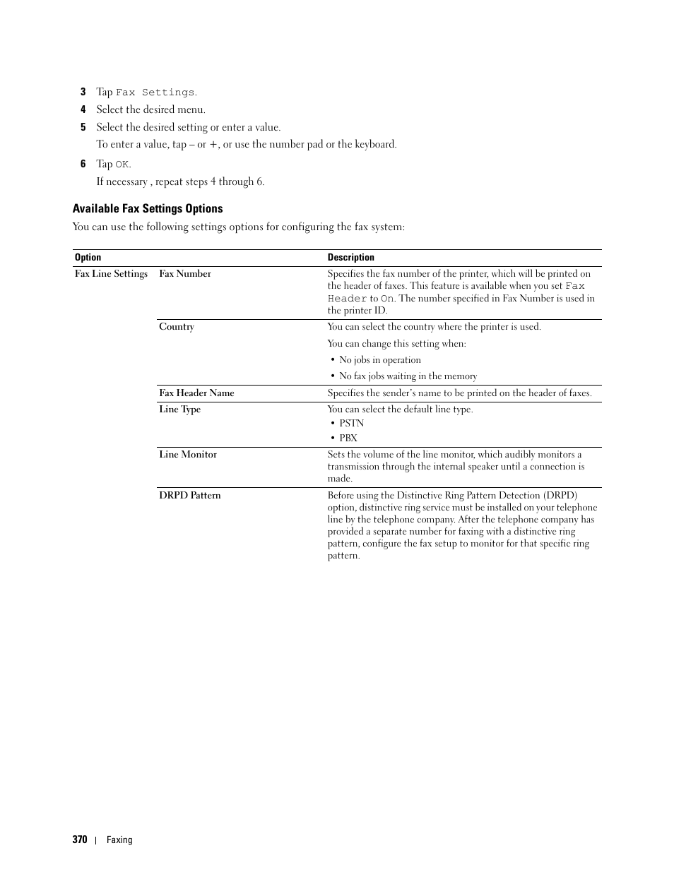 Available fax settings options | Dell C2665dnf Color Laser Printer User Manual | Page 372 / 578