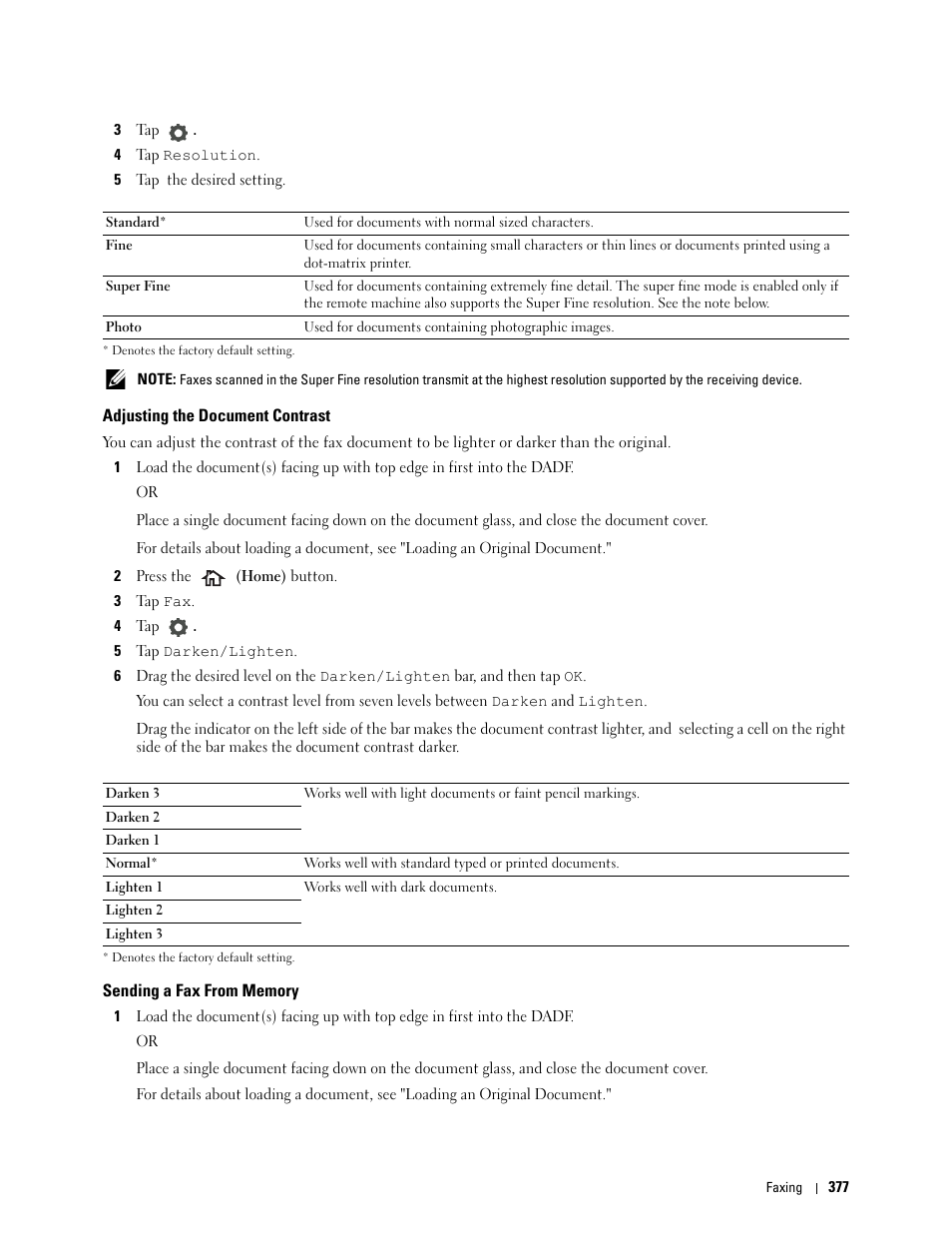 Adjusting the document contrast, Sending a fax from memory | Dell C2665dnf Color Laser Printer User Manual | Page 379 / 578