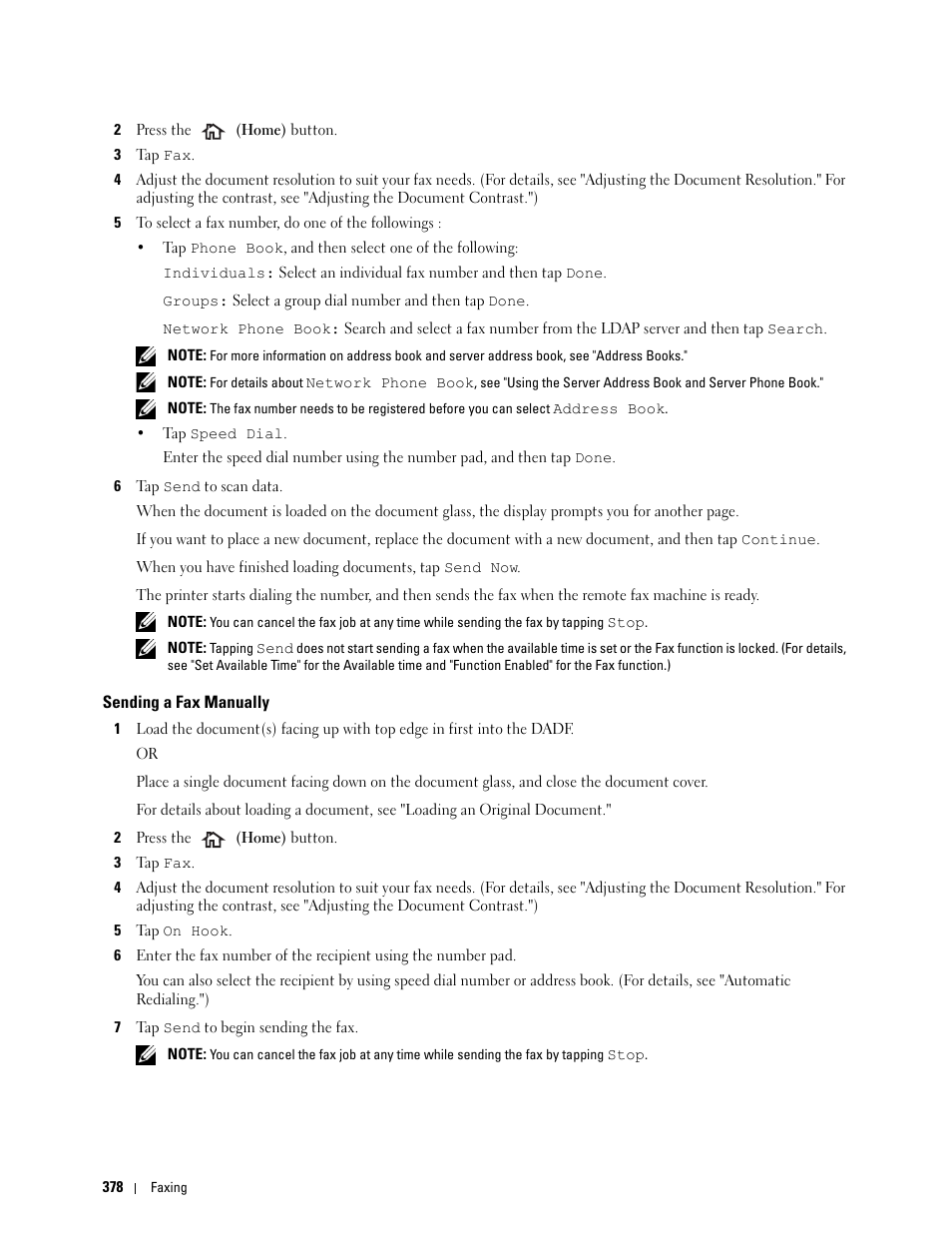 Sending a fax manually | Dell C2665dnf Color Laser Printer User Manual | Page 380 / 578