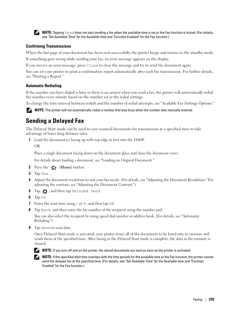 Confirming transmissions, Automatic redialing, Sending a delayed fax | Automatic, Redialing | Dell C2665dnf Color Laser Printer User Manual | Page 381 / 578