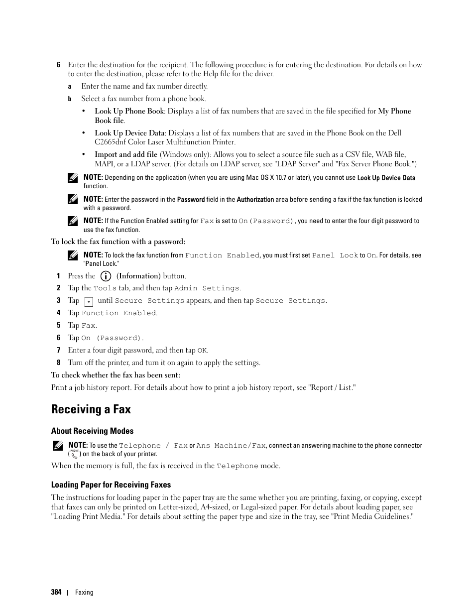 Receiving a fax, About receiving modes, Loading paper for receiving faxes | Dell C2665dnf Color Laser Printer User Manual | Page 386 / 578