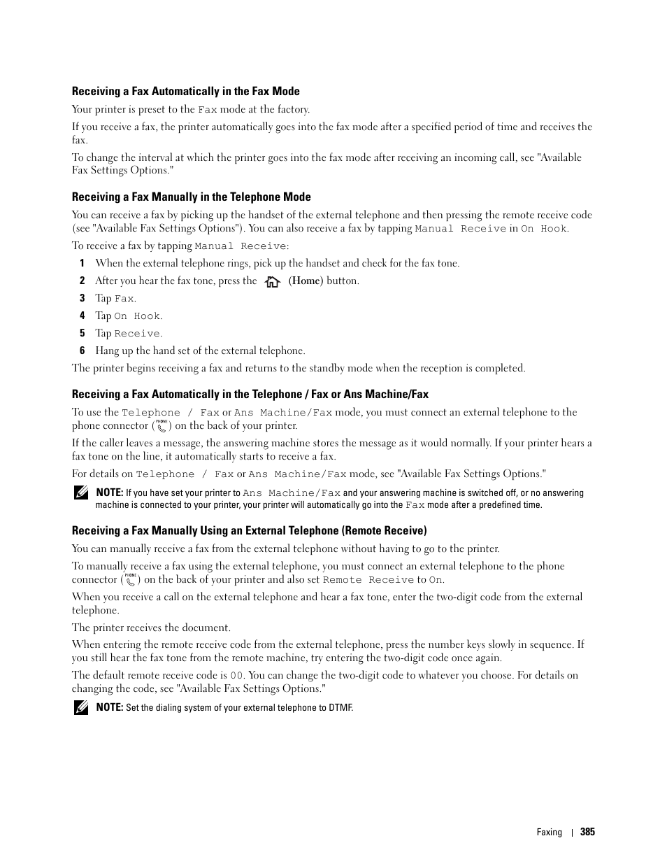 Receiving a fax automatically in the fax mode, Receiving a fax manually in the telephone mode | Dell C2665dnf Color Laser Printer User Manual | Page 387 / 578