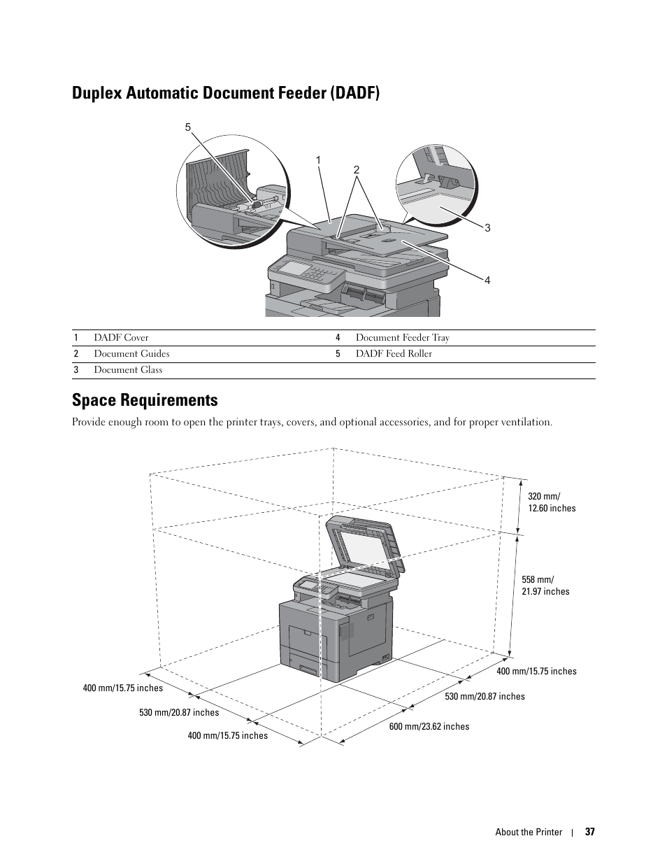 Duplex automatic document feeder (dadf), Space requirements | Dell C2665dnf Color Laser Printer User Manual | Page 39 / 578