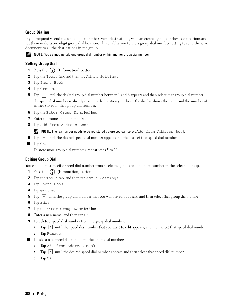 Group dialing, Setting group dial, Editing group dial | Dell C2665dnf Color Laser Printer User Manual | Page 390 / 578