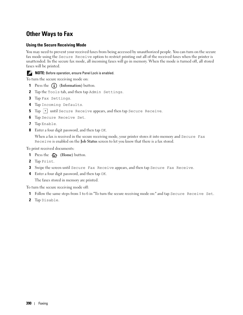 Other ways to fax, Using the secure receiving mode | Dell C2665dnf Color Laser Printer User Manual | Page 392 / 578