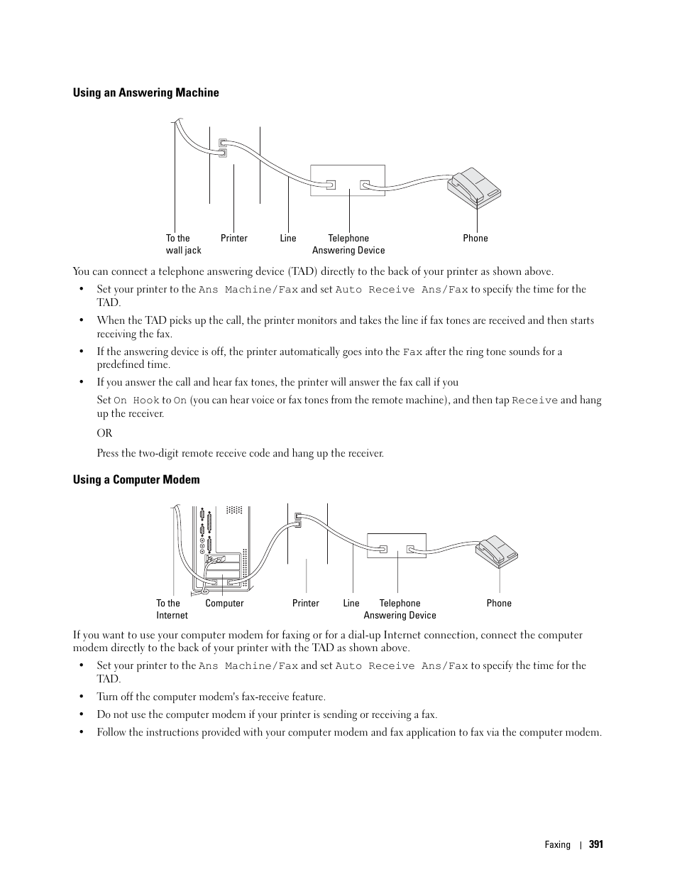 Using an answering machine, Using a computer modem | Dell C2665dnf Color Laser Printer User Manual | Page 393 / 578