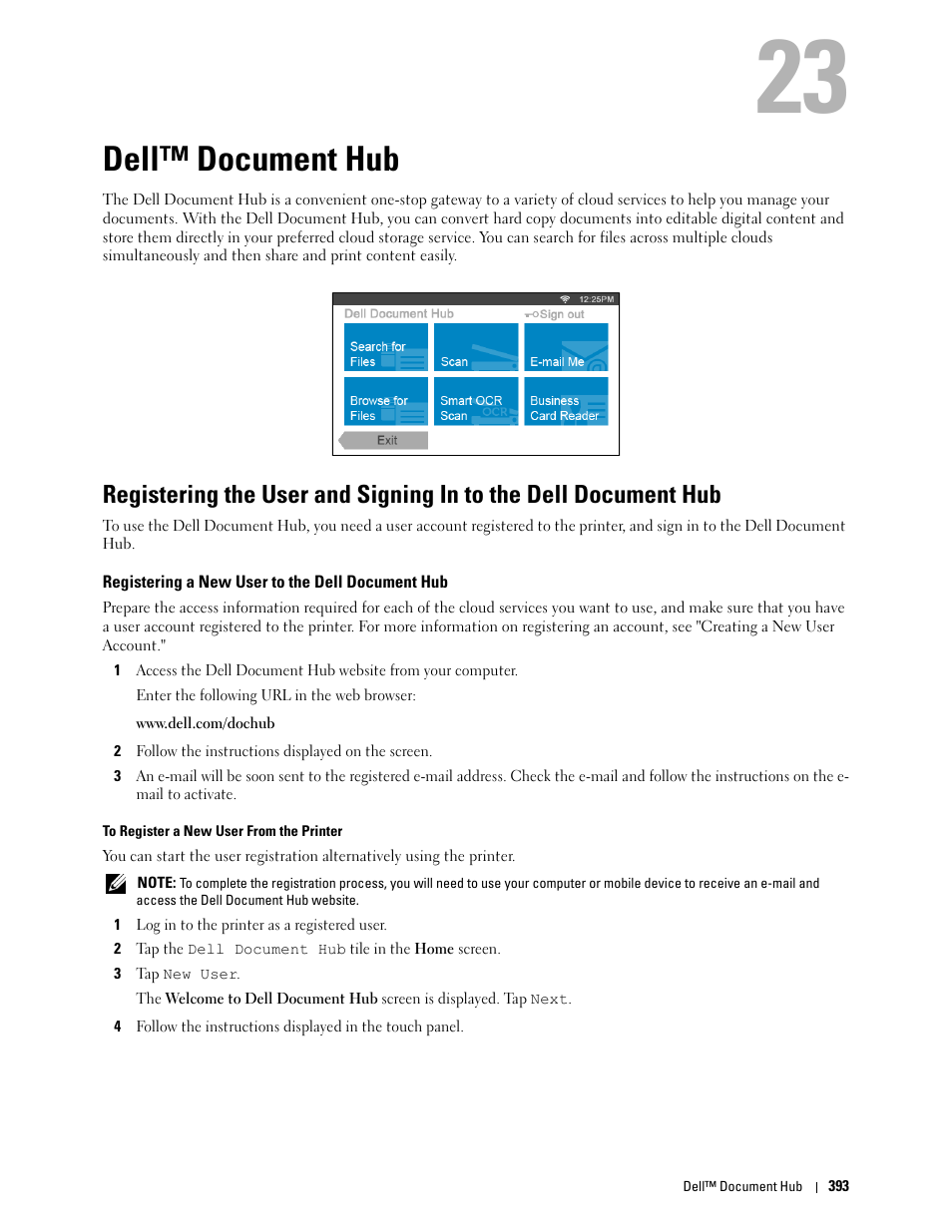 Dell™ document hub, Registering a new user to the dell document hub, 23 dell™ document hub | Dell C2665dnf Color Laser Printer User Manual | Page 395 / 578