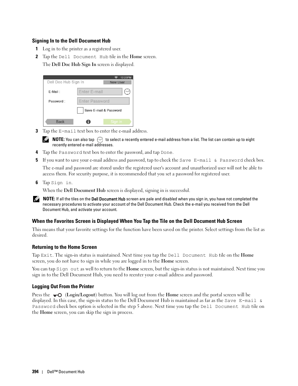 Signing in to the dell document hub, Returning to the home screen, Logging out from the printer | Document hub screen | Dell C2665dnf Color Laser Printer User Manual | Page 396 / 578