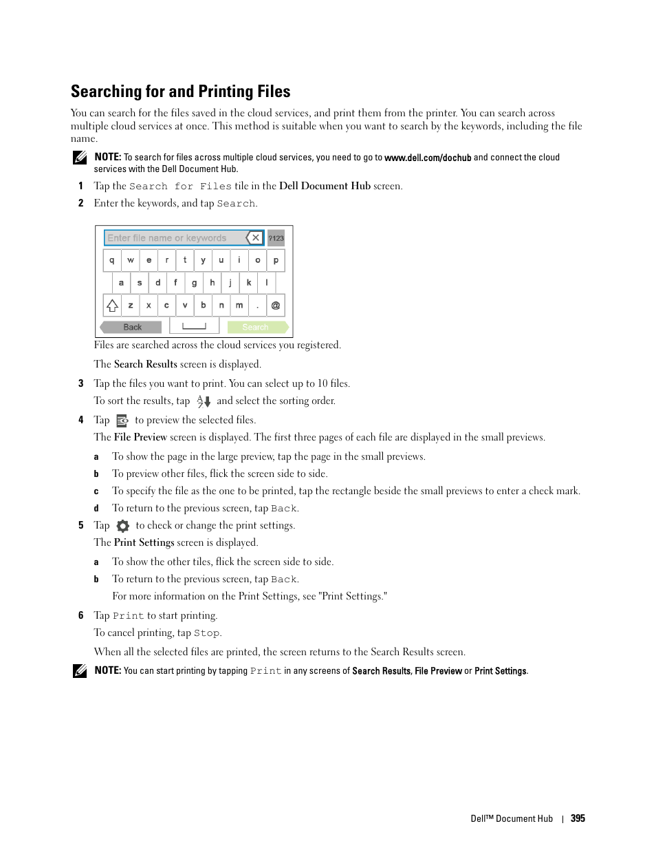 Searching for and printing files, Printing with dell document hub | Dell C2665dnf Color Laser Printer User Manual | Page 397 / 578