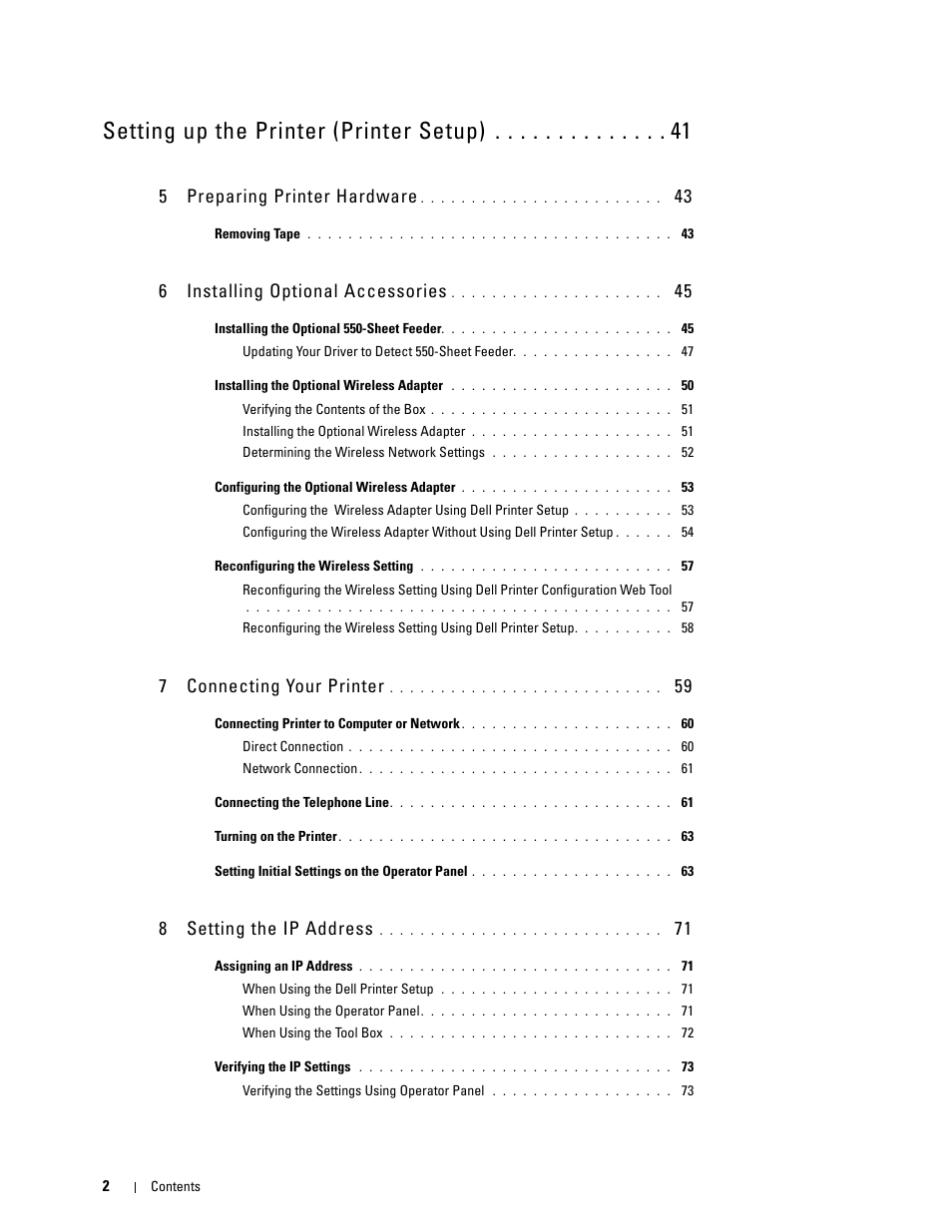 5 preparing printer hardware 43, 6 installing optional accessories 45, 7 connecting your printer 59 | 8 setting the ip address 71, Setting up the printer (printer setup), 5 preparing printer hardware, 6 installing optional accessories, 7 connecting your printer, 8 setting the ip address | Dell C2665dnf Color Laser Printer User Manual | Page 4 / 578