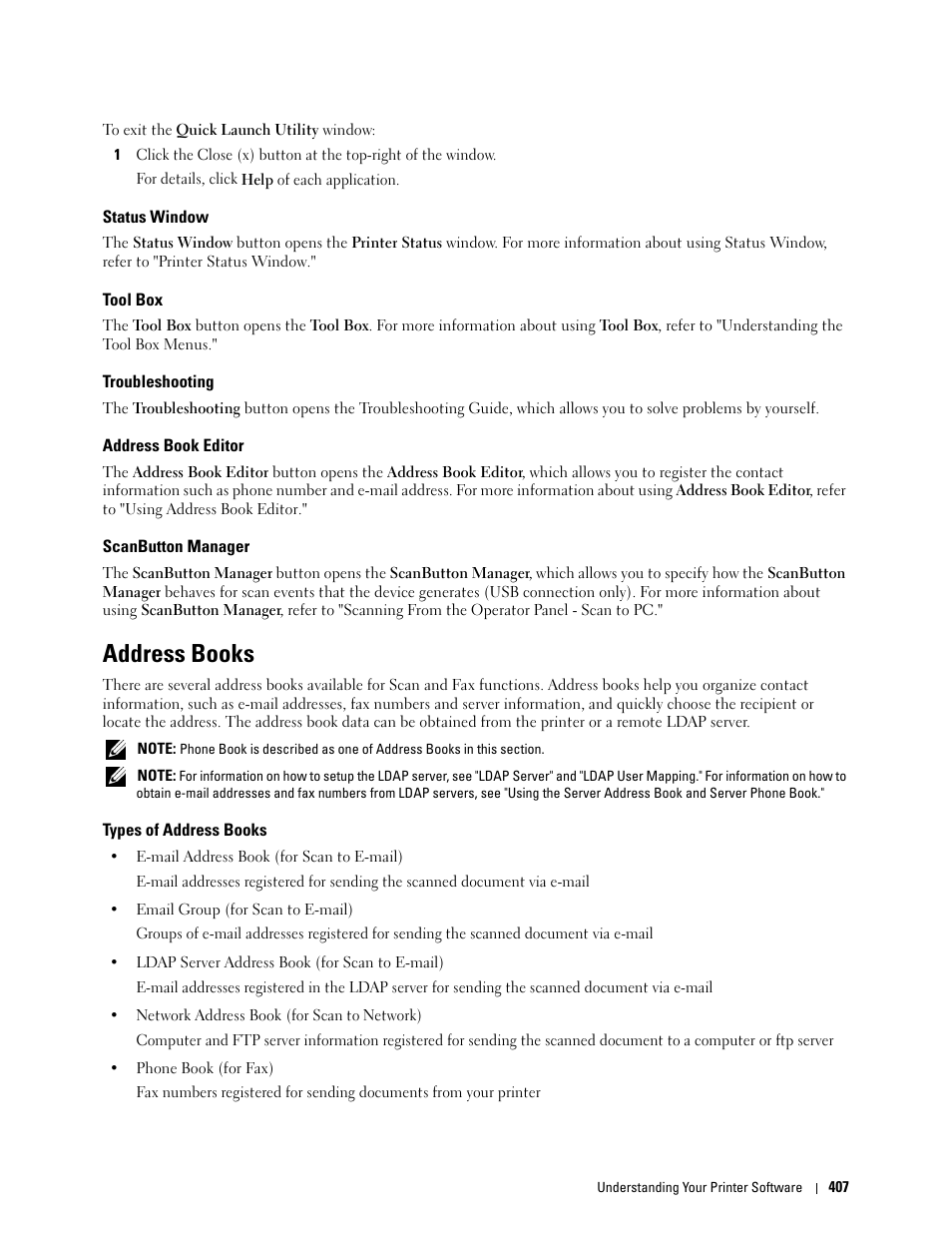 Status window, Tool box, Troubleshooting | Address book editor, Scanbutton manager, Address books, Types of address books, Ee "address books | Dell C2665dnf Color Laser Printer User Manual | Page 409 / 578
