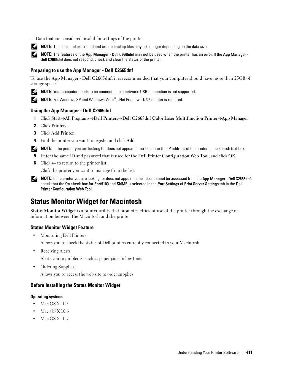 Preparing to use the app manager - dell c2665dnf, Using the app manager - dell c2665dnf, Status monitor widget for macintosh | Status monitor widget feature, Before installing the status monitor widget | Dell C2665dnf Color Laser Printer User Manual | Page 413 / 578