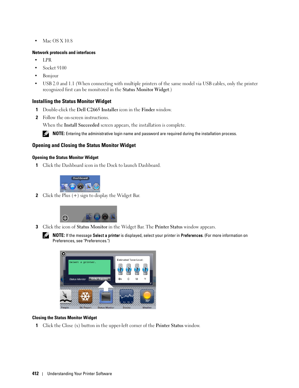 Installing the status monitor widget, Opening and closing the status monitor widget | Dell C2665dnf Color Laser Printer User Manual | Page 414 / 578