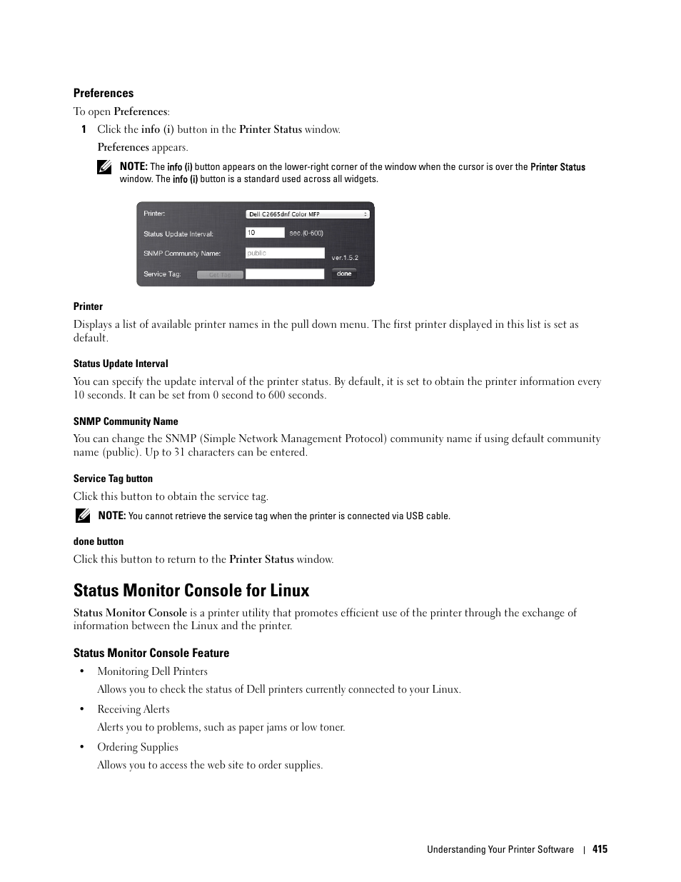 Preferences, Status monitor console for linux, Status monitor console feature | Dell C2665dnf Color Laser Printer User Manual | Page 417 / 578